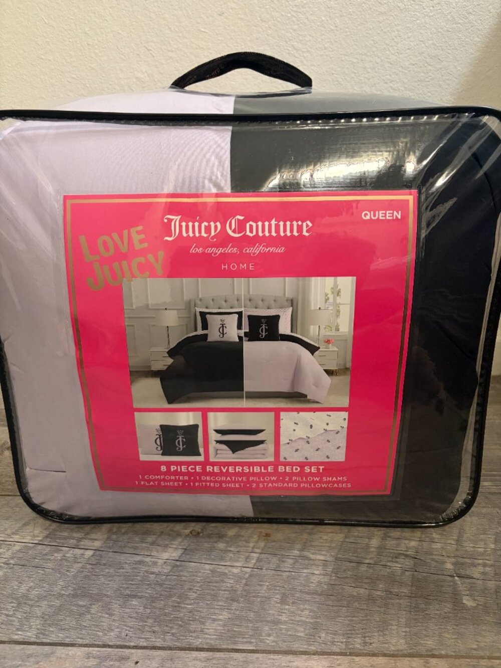 Juicy Couture Queen 8 Piece Reversible Bed Set Black & Light Purple NWT